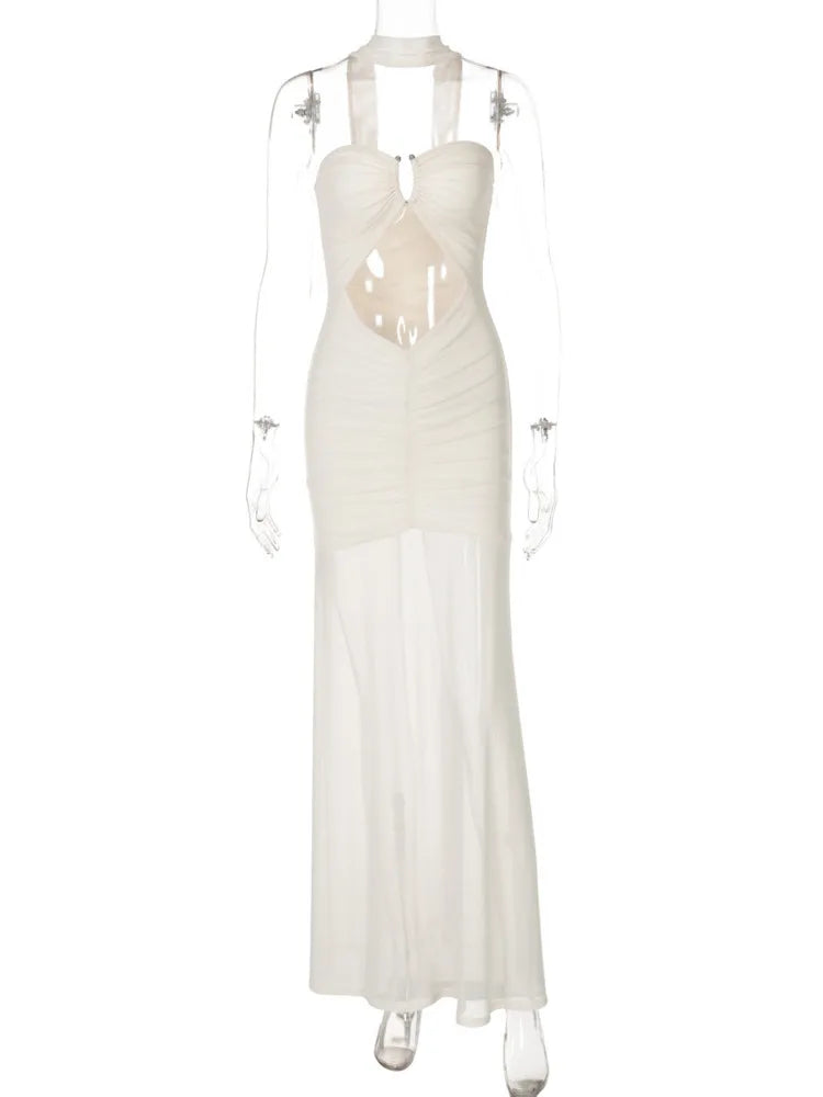 Hollow Out Backless Sexy Maxi Dress Women Gown Summer Halter Off-shoulder Backless Club Party Long Dress Elegant voguable