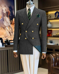 Voguable  Black Men's Suit Jacket Houndstooth Peak Lapel Double Breasted Business Regular Fit Blazer Man plus size voguable