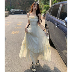 Vintage Ruffle Dress Women Korean Solid Sweet Elegant Preppy Midi Dress Summer Casual Sleeveless Spaghetti Straps A Line Dress voguable