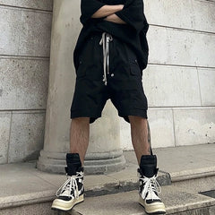Ro Style Multi-pockets Drawstring Black Cargo Pants for Men Streetwear Baggy Casual Knee Lenght Pants Oversized Loose Cargo voguable