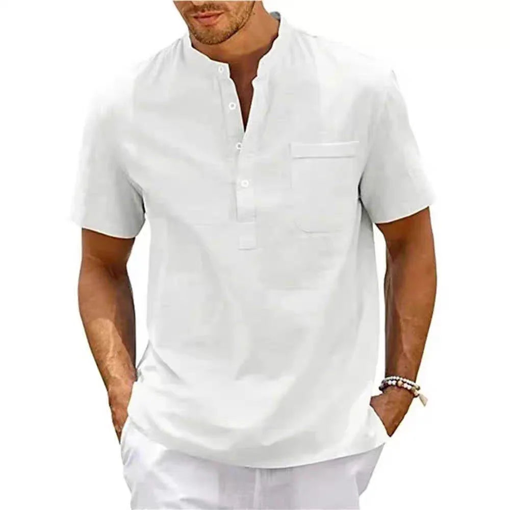Voguable  Slim Fit Cotton Linen irt Men's f Open Collar ort Sve Breathable Workwear irt Henry Collar Smo Trendy Summer voguable