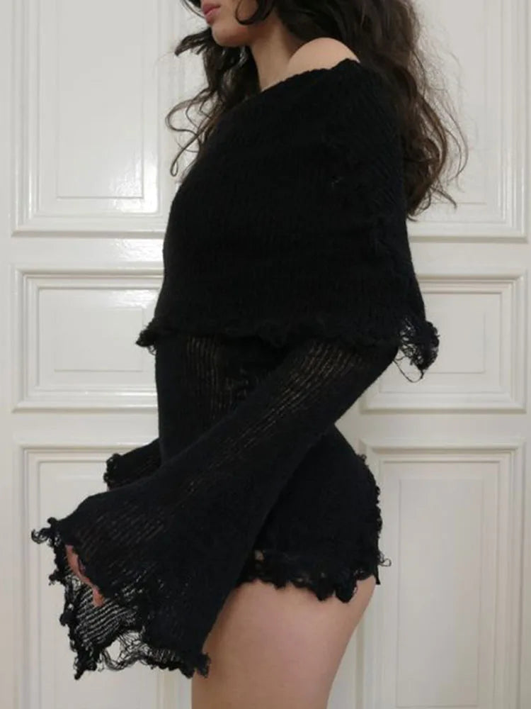 Voguable Grunge Fairycore Off Shoulders Ripped Sweaters Women Autumn Sexy Slash Neck Goth Jumper Tops Y2K Dark Academic Pullover voguable