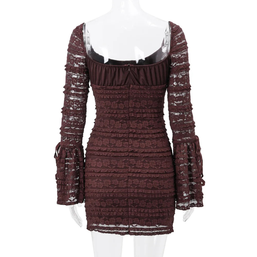Women's Vintage Lace Ruffles Mini Dress Long Sleeve Textured Tight Hip Wrap Dress Elegant Bow Embellished Dress