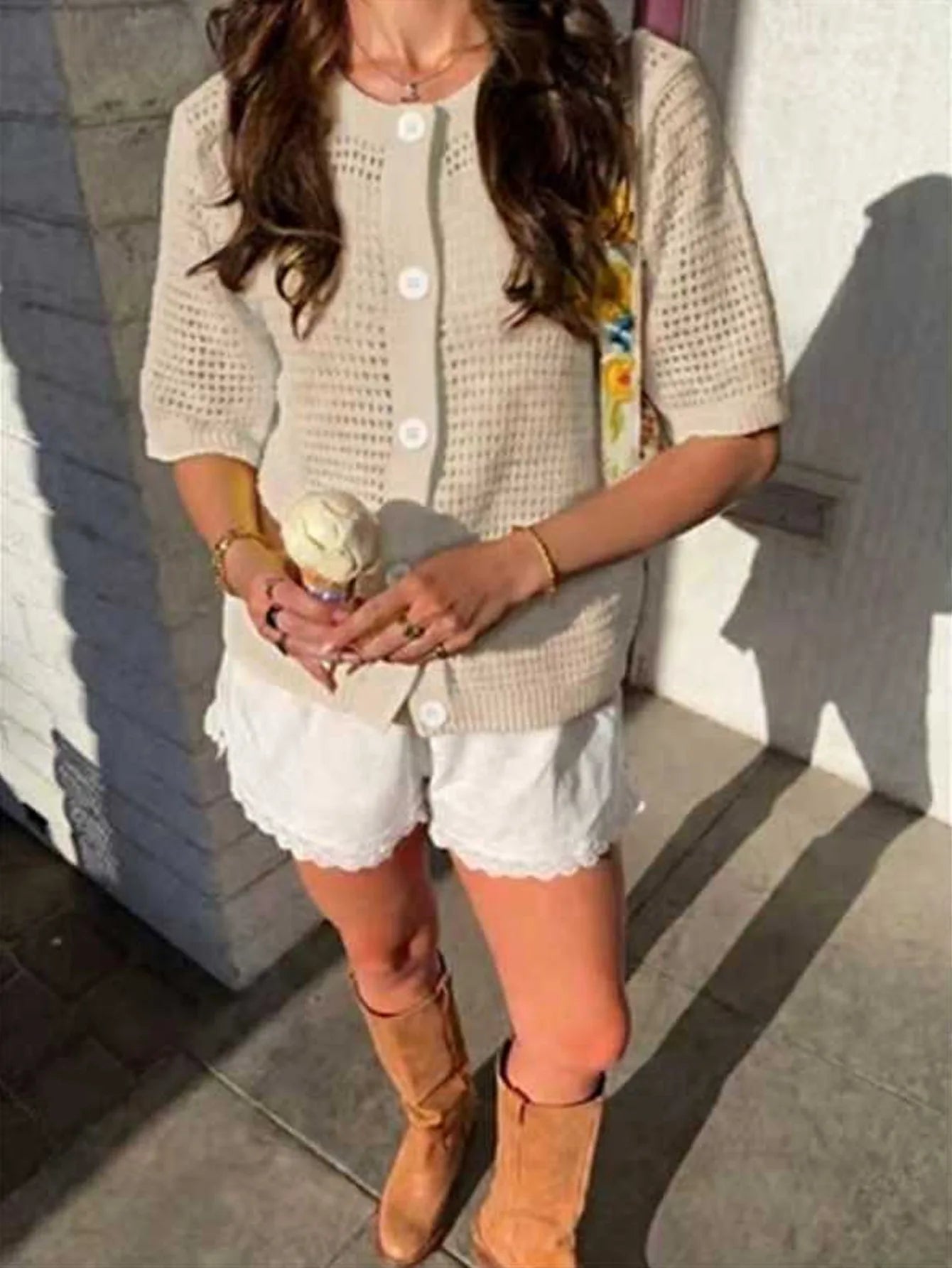 Voguable  Korean Fashion Hollowed Out Round Neck Casual Short Sleeved Cardigan Summer New Solid Color Elegant Women's Knitted Tops voguable