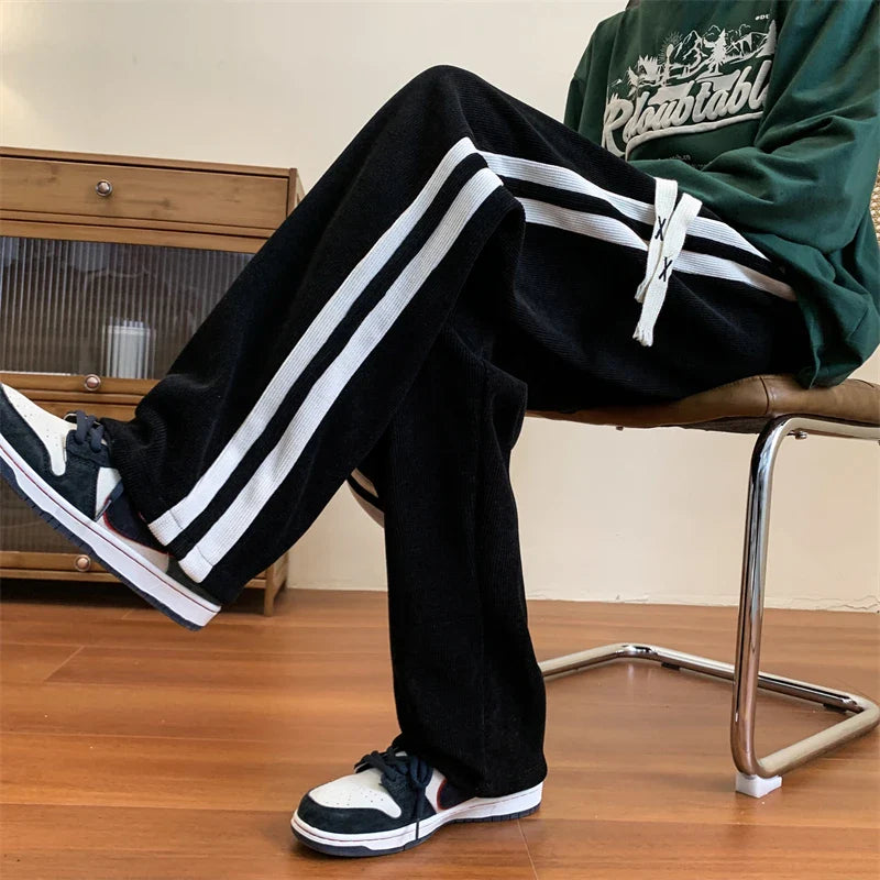 Loose Coffee Corduroy Pants Men Women Drawstring Striped Wide Leg Pants Autumn Casual Easy Care Anti-wrinkle Mopping Trousers gotmes-shop