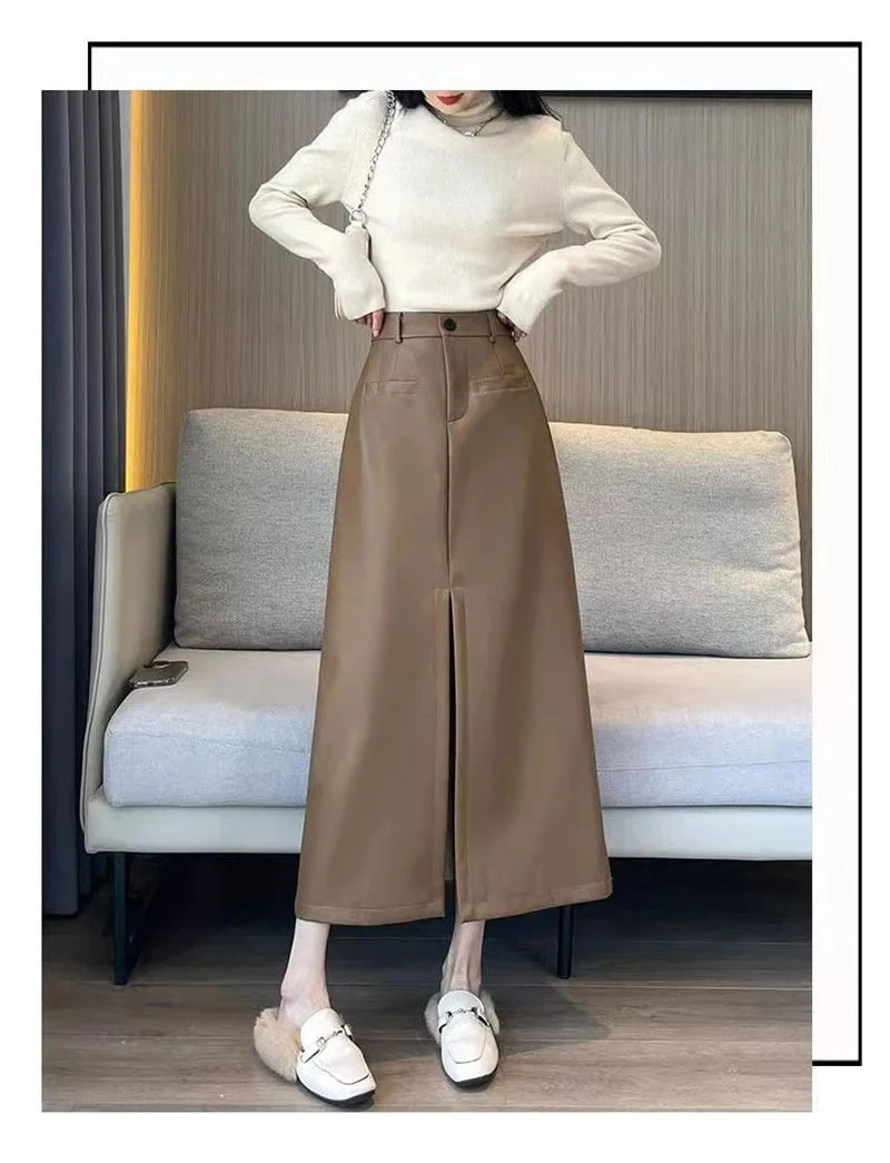 Sexy Slit Pu Long Skirt Women High Waist Slim Vintage Skirts Casual Fall Winter Lady Solid Retro American Streetwear Long Skirt voguable