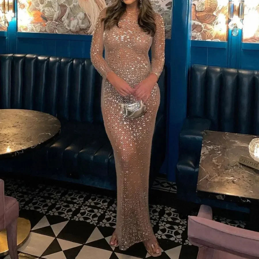 Tossy Glitter Female Cover up Maxi Dress Mesh See-Through Split Fashion Long Sleeve Slim Sexy Beach Cover up Dress For Women voguable