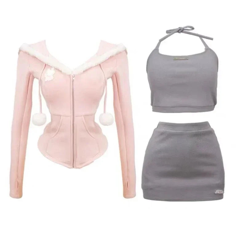 Voguable 2024 New Japanese Style Kawaii Cute Suit Woman Cashal Vest + Slim Mini Skirt + Hooded Pink Fashion Coat Sweet 3 Piece Set Chic voguable
