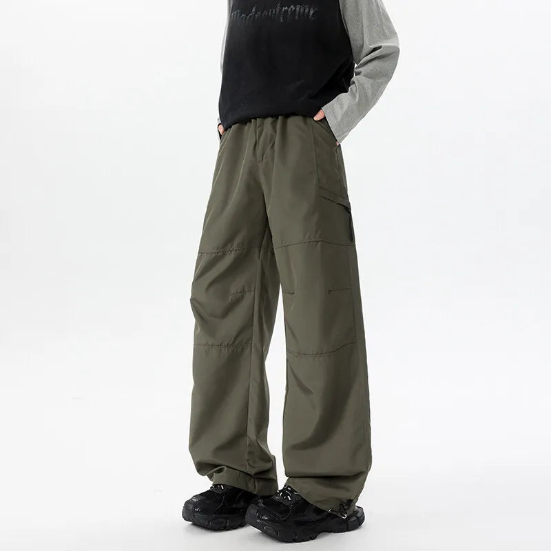 Lightweight Casual Pants Mens Straight Loose Fit Spring Summer Elastic Waistband Plus Size Patchwork Design Side Pocket Big Size voguable