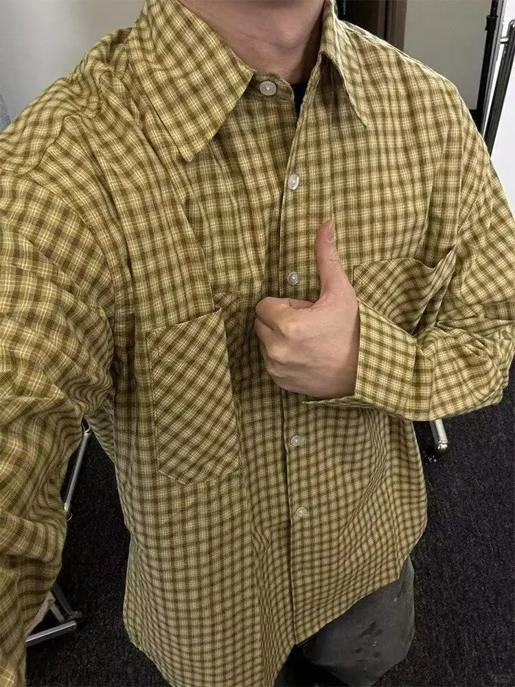 American Retro Yellow Plaid Shirt Men Women Spring and Autumn Korean Casual Loose Sun Protection Thin Couple Fashion Trend Shirt voguable