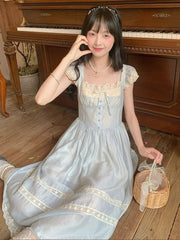 Elegant Blue Long Dress Women Sweet Lace Patchwork Vintage Dress High Quality Casual Flying Sleeve Bow Lady Retro Vestidos voguable