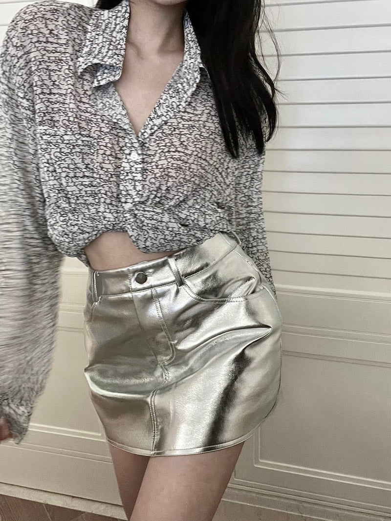 Summer Autumn Pink Silver Reflective Shiny Patent Leather Mini Skirts for Women High Waist A Line Short Sexy Y2K Clothes voguable