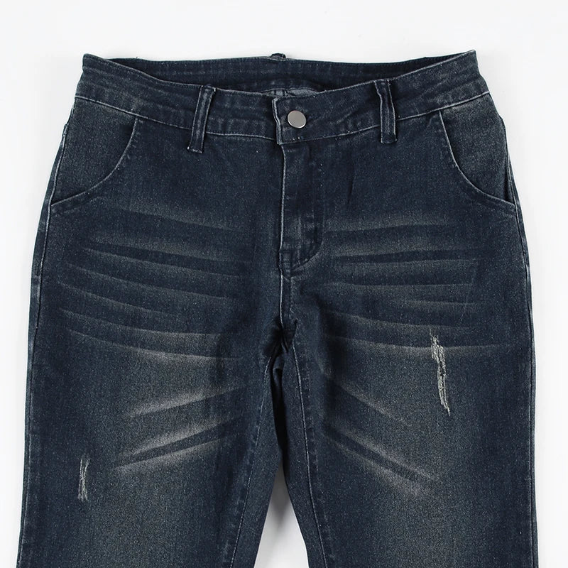 Blue Low Rise Flare Jeans Vintage 2000s Slim-fitting Denim Pants Korean Style Women Trousers y2k Distressed Mom Jeans 90s voguable