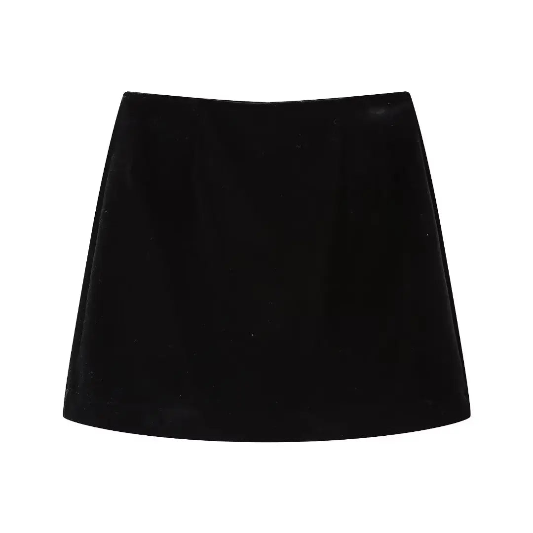 Voguable Vintage Women Black High Waist A-line Velvet Mini Skirt voguable