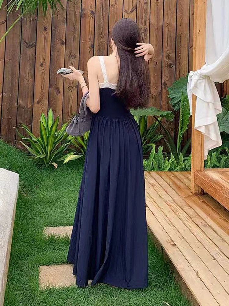 Lace Patchwork Bandage Dress for Women Y2K Summer Elegant Slim Navy Midi Dress Sweet Preppy Sleeveless A Line Vestidos Mujer New voguable