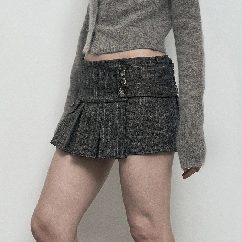 Voguable  Vintage Plaid Print Buttons Irregular Hem Pleated Skirt Khaki Grey Preppy Style Sweet High Waist Mini Skirts Korean voguable