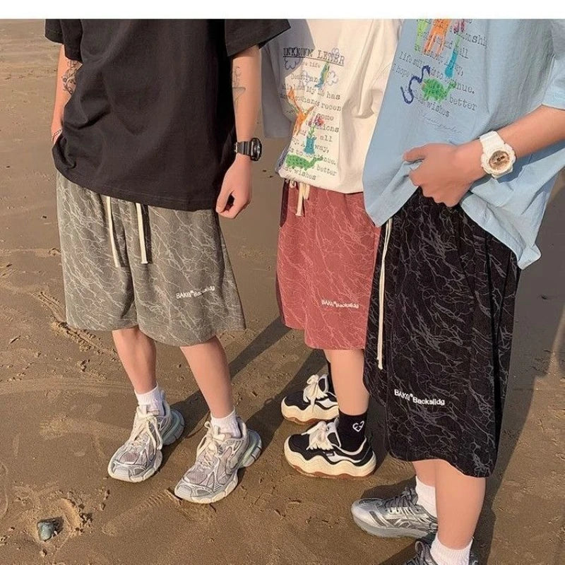 Summer Beach Casual Shorts Men Embroidered Geometric Prints Unisex Baggy Shorts Sweatpants Women Elastic Waist Couple's Shorts voguable