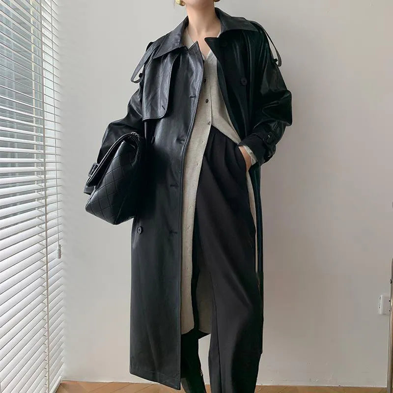 Leather Long Jacket Women Autumn Winter Oversize Lapel Long Sleeve Street Female Coat Belt Double Breasted Loose PU Coats