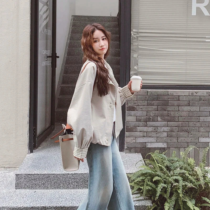 Korean Sweet Chic Jacket Women Loose Fall Long Sleeve Elegant Short Coat Fashion Plaid Patchwork Preppy Style Cute Outwear Tops voguable