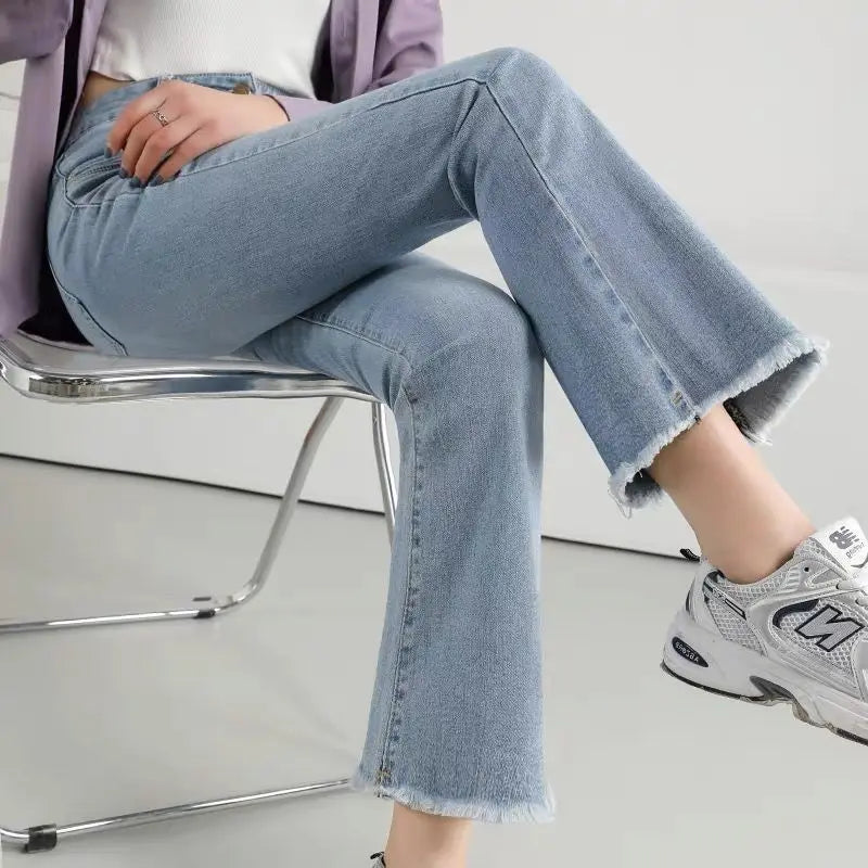 Flare Jeans Women Spring Autumn High Waist Comfortable All-match High Street Young Style Tassel Slim Elastic Trousers  New voguable