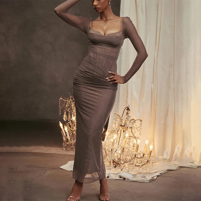2025 New Lace Patchwork Sexy Streetwear Long Dress V-neck Tight Slit Party Dress Spring Summer Off Shoulder Fashion Vestidos voguable