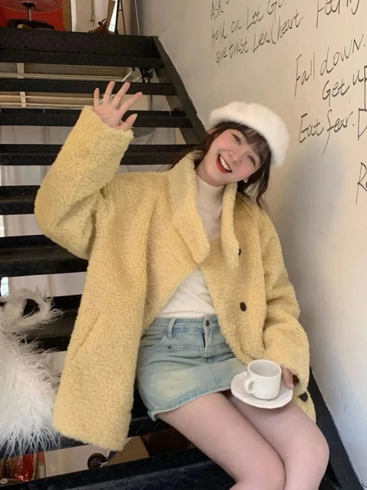 Japan Cute Faux Lamb Coat Women Loose Long Sleeve Winter Warm Retro Jacket Casual Stand Collar Preppy Style Pockets New Top voguable