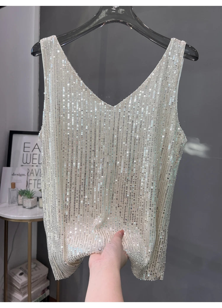 Voguable  New European and American Sequined V-neck Vest Worn Inside A Suit Bottoming Shirt and Worn Outside A Sparkling Top voguable