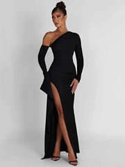 Oblique Shoulder Thigh High Split Maxi Dress Women Long Sleeve Backless Bodycon Sexy Club Party Long Dress Vestidos voguable