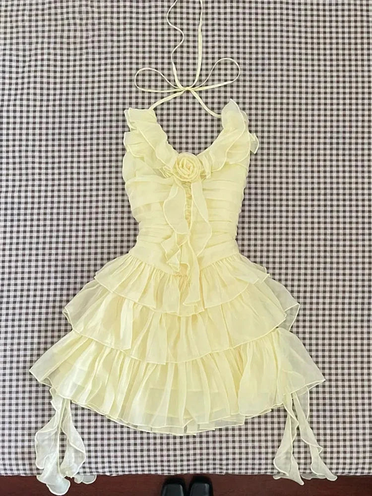 Slim Sweet Ruffles Dress Women Fashion 3D Floral Casual Elegant Mini Dress Summer Sexy Sleeveless Lady Yellow Cake Vestidos voguable