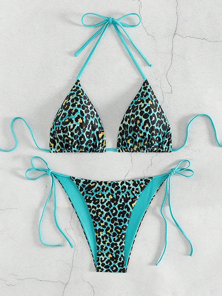 Voguable  Fashion Sexy Leopard Laced Up Bikini Women Split Swimsuit Beach Vacation Bikini All Season Backless Bikini 2 Piece Set voguable