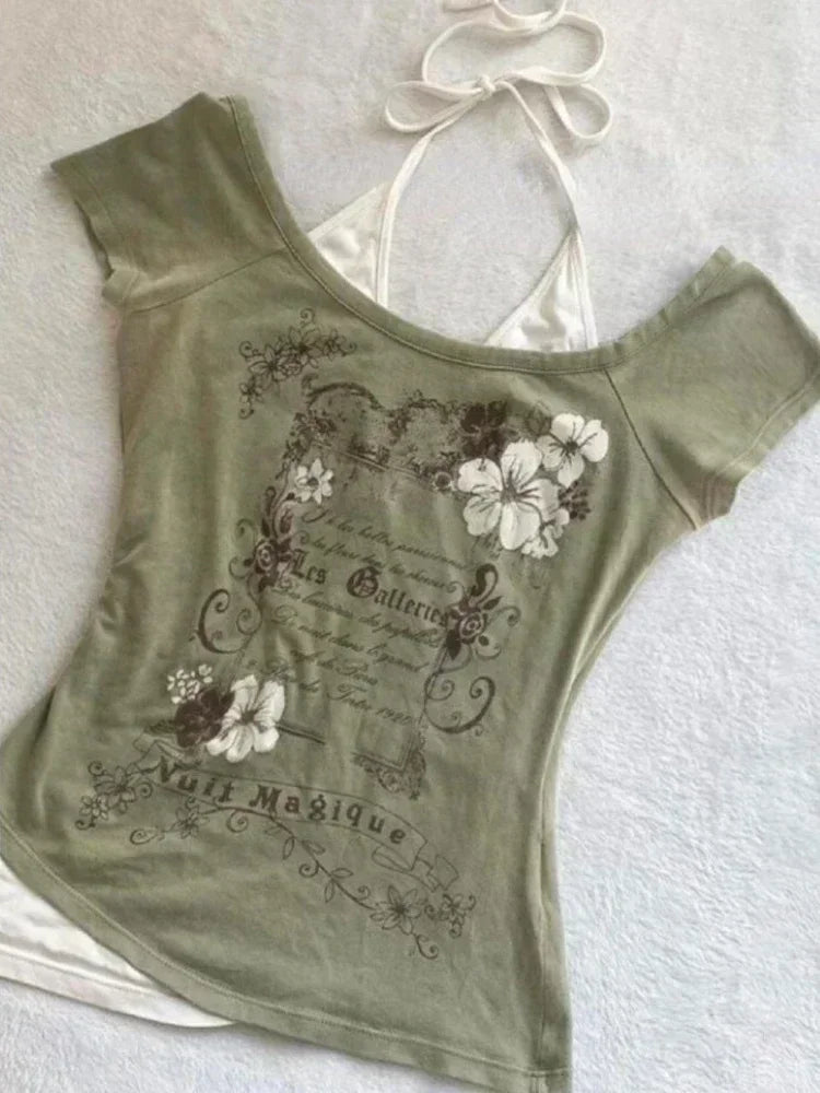 Voguable  Summer Fake Two Pieces Vintage T-shirts Halter Bandage Y2k Aesthetic Slim Crop Grunge Print Tops Women Harajuku Casual Sexy Tee voguable