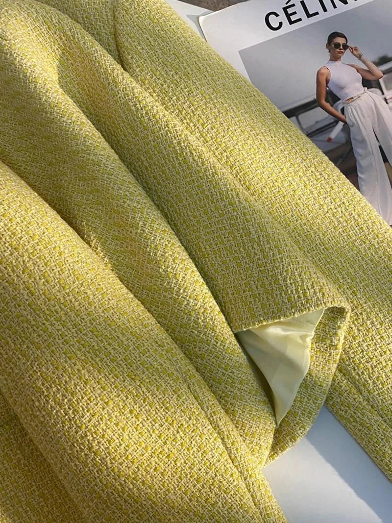 Yellow Sweet Tweed Jacket Women Elegant Retro Slim Long Sleeve Short Coat Korean O Neck Casual Fall Female Vintage Outwear voguable