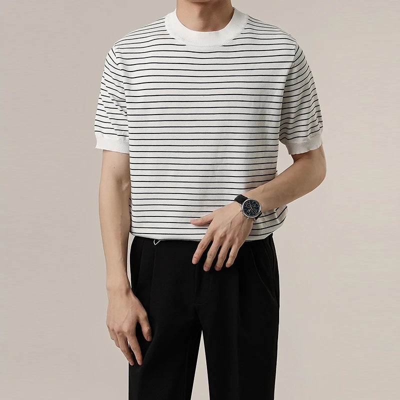 Summer Men's Clothing Luxury Knitted O Collar Striped T Shirt Leisure Korean Popular Short Sleeve Retro Breathable Knitwear voguable