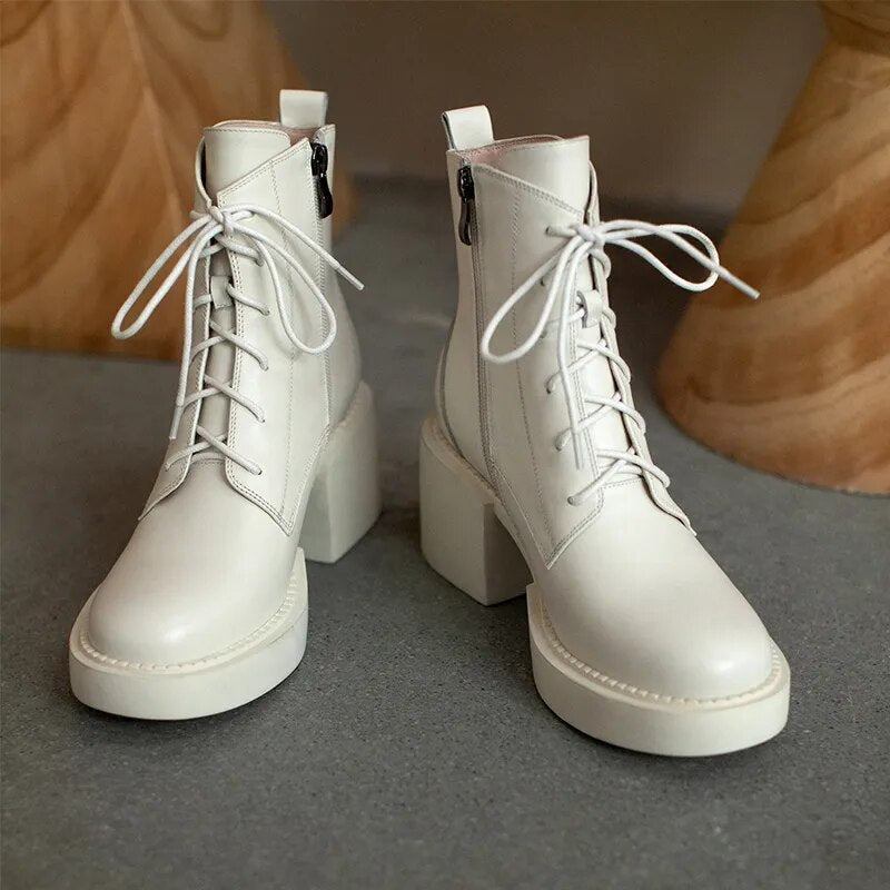 Retro Lace-up Mature Female Concise Women Ankle Boots Genuine Leather Thick Heels Autumn Winter Side Zipper Office Shoes Woman voguable