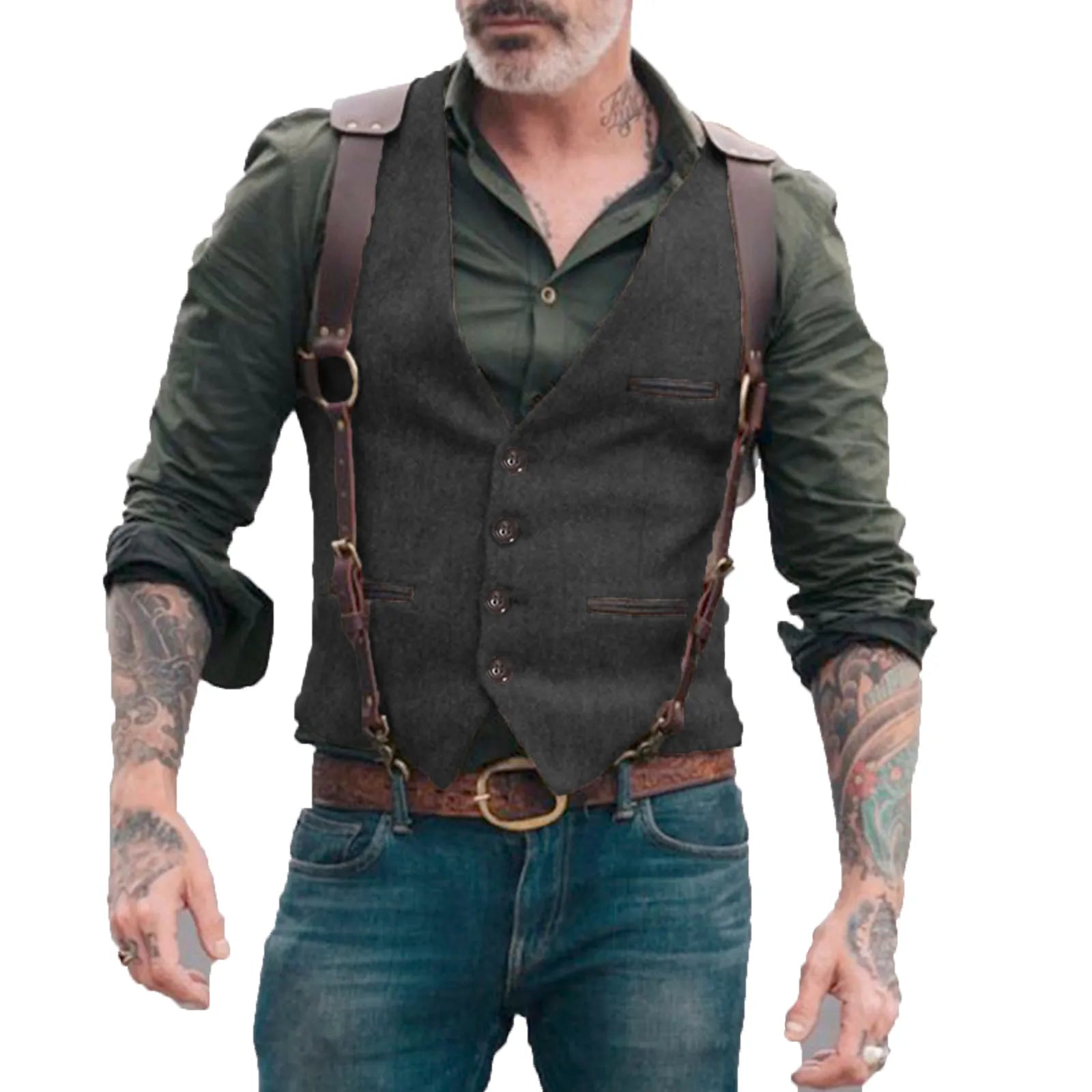 Men's Vests Men Brown Waistcoat Vest Man Steampunk Jacket Striped Tweed V-neck Slim Fit Gilet Wedding Clothing voguable