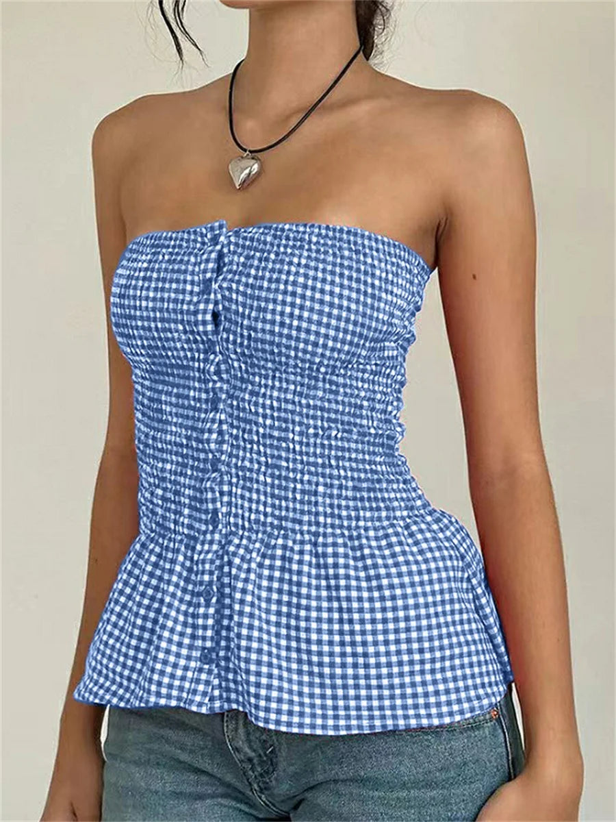 Y2k Red Gingham Crop Top Womean Sexy Strapless Ruffle Hem Sleeveless Button Cami Coquette Aesthetic Plaid Print Crop Top Summer voguable