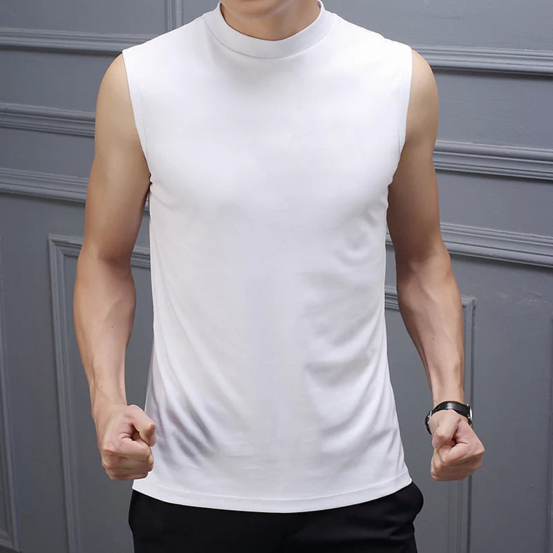 Voguable  American Retro Half High Collar Vest Men Summer Thin Sleeveless T-Shirt Suit Bottom Pure Color Sport Sweatshirt voguable