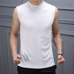 Voguable  American Retro Half High Collar Vest Men Summer Thin Sleeveless T-Shirt Suit Bottom Pure Color Sport Sweatshirt voguable