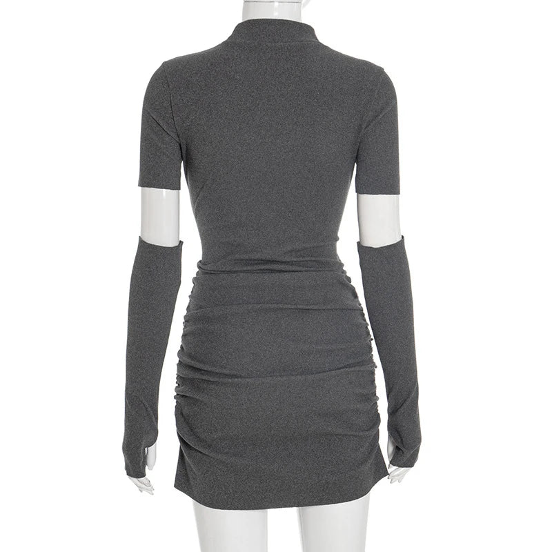 Voguable  New Fashion Half High Neck With Sleeves Slimming Ruched Bodycon Women's Fall Mini Dress Solid Sexy Nightclub Knitted Vestidos voguable