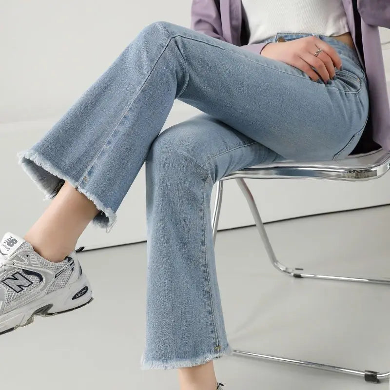 Flare Jeans Women Spring Autumn High Waist Comfortable All-match High Street Young Style Tassel Slim Elastic Trousers  New voguable