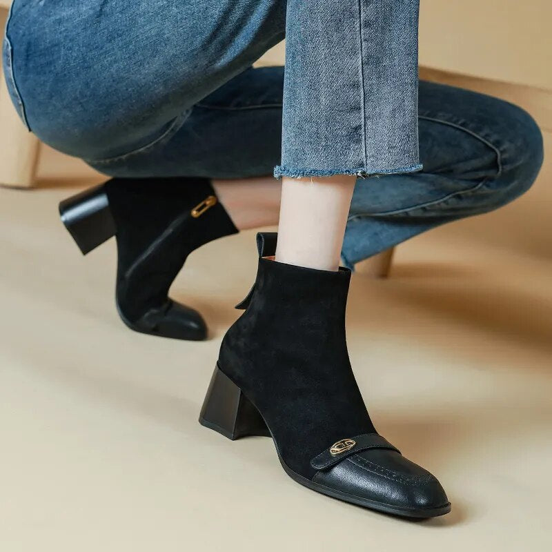 New Winter Women Boots Square Toe Chunky Heel Boots Genuine Leather Sheep Suede Leather Shoes for Women Retro Ankle Boots voguable