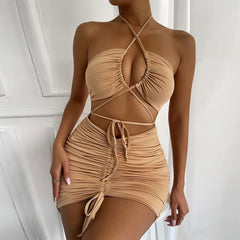Voguable  European and American hot girl style wear hanging neck sling reveal back sexy tight folding bags dress nightclub dre voguable