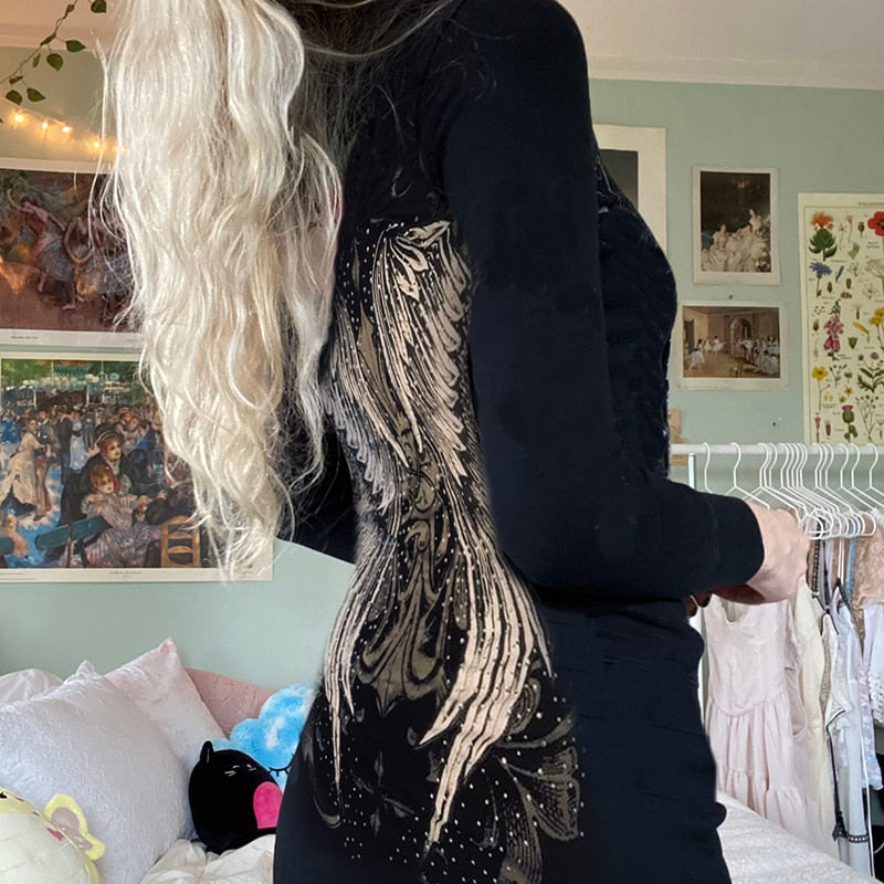 Harajuku Angel Wing Printing Sweatshirts Dress Gothic Black Mini Hoodies Dress Y2K Sweatshirts Dress Long Sleeve Hooded Dresses voguable