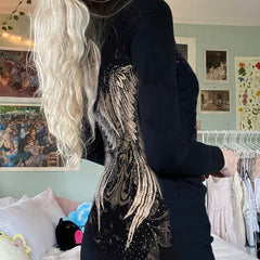 Harajuku Angel Wing Printing Sweatshirts Dress Gothic Black Mini Hoodies Dress Y2K Sweatshirts Dress Long Sleeve Hooded Dresses voguable
