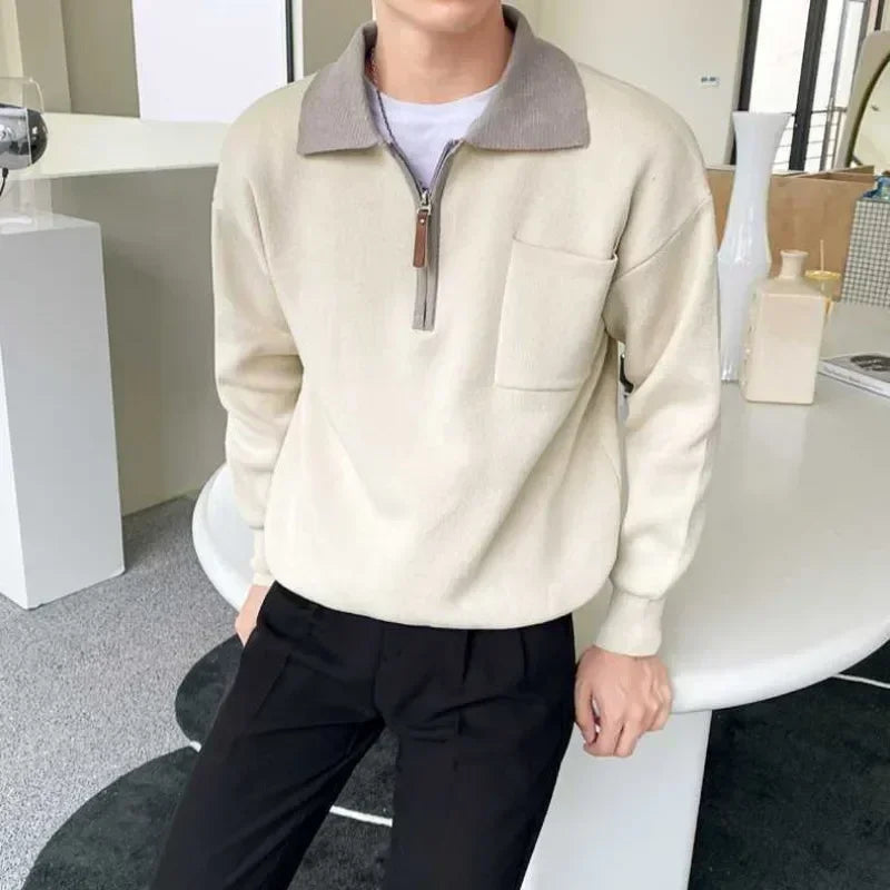 Voguable  Knitted Sweaters for Men Zipper Spliced Man Clothes Pullovers With Pockets Brown Polo Zip-up Heated Cheap Korean 2024 Autumn A S voguable