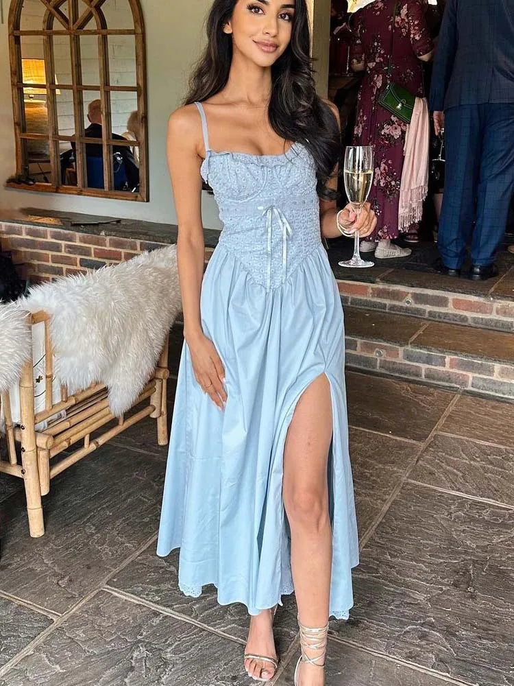 Voguable Summer Women Light Blue Sexy Hem Slit Sling Dress Lacing Up Bandage Back Female Midi Party Dress Robe voguable
