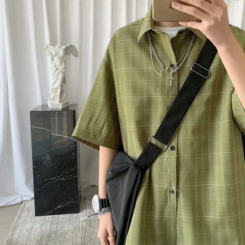 Korean Style Loose and Versatile Plaid Five-point Sleeve Shirt voguable