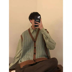 Voguable  Men's Loose Korean Style Trendy Versatile Retro Casual Knitted Cardigan Sweater Vest Japanese voguable