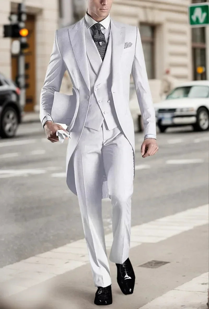 Voguable  Elegant Men's 3-Piece Tail Coat Blazer Vest Pant Tuxedo Set Regular Fit Peak Lapel Formal Male Suit for Prom Wedding Business voguable