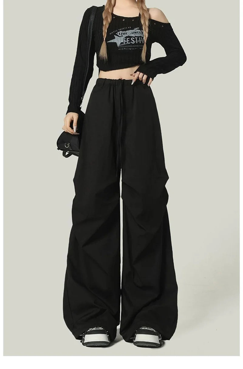 Black Y2K Streetwear Cargo Pant Women Vintage High Waist American Loose Trousers Hip Hop Retro Bf Wrinkles Paratrooper Pants New voguable